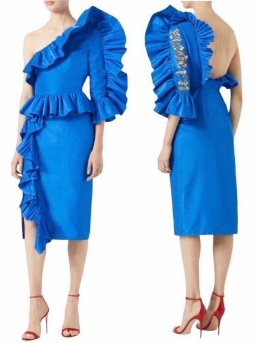 GUCCI Blue One-shoulder sequin-embellished ruffled silk RUNWAY MIDI Dress NEW